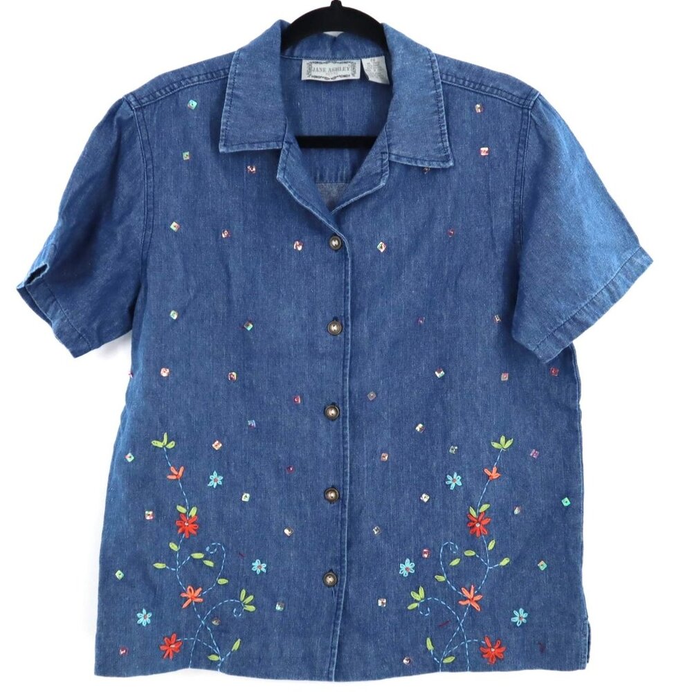 Jane Ashley Denim Shirt Womens PM Blue Retro Casual Boho Cottagecore Grandmacore